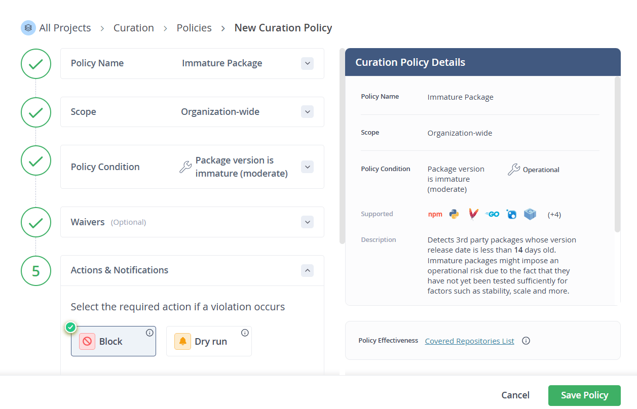 FIGURE 1: Creating detailed policies blocking the use of immature packages in Curation