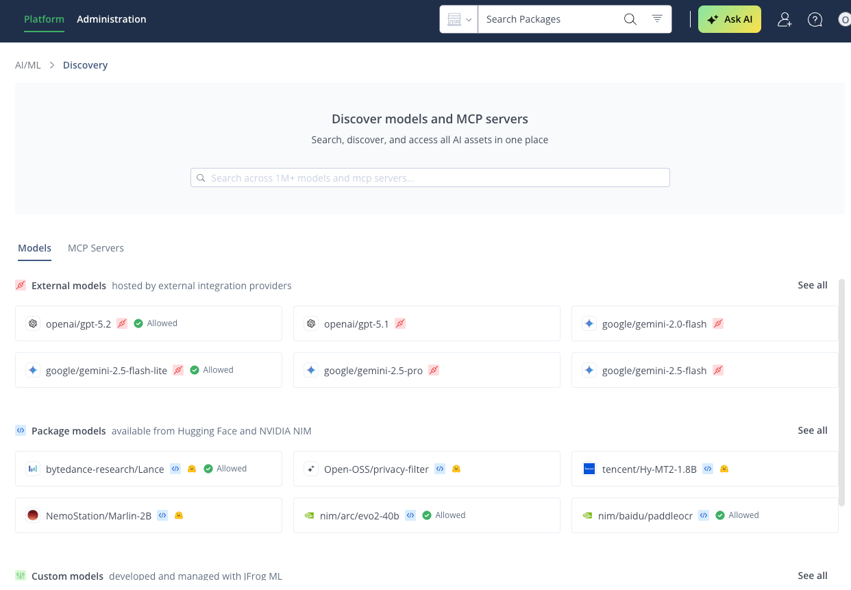 JFrog AI Catalog Discovery page