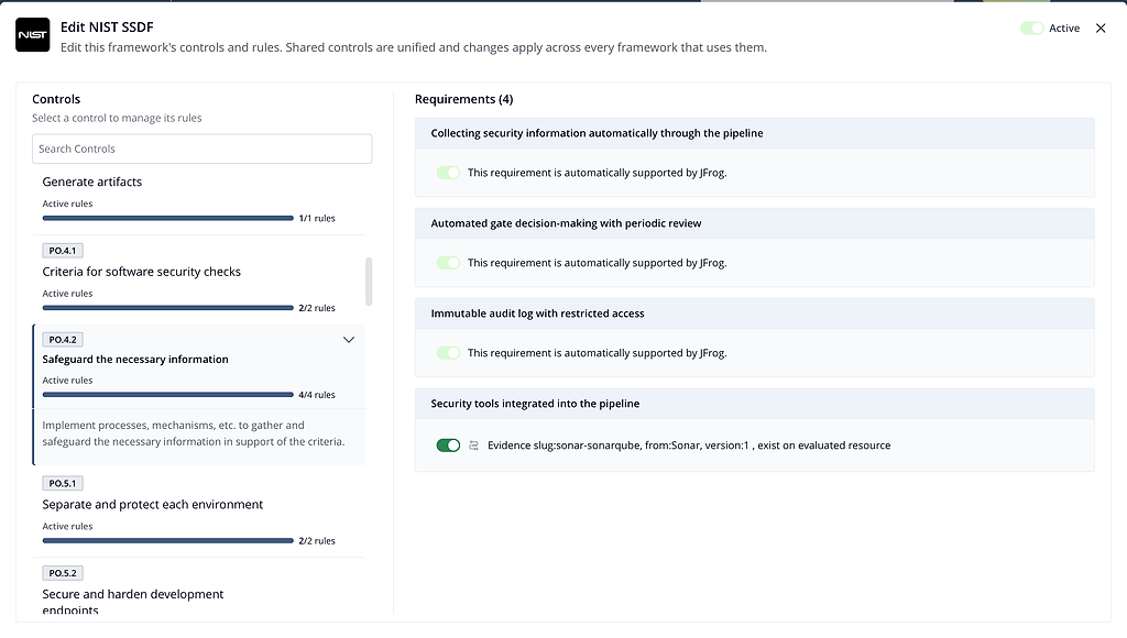 Screenshot of the Edit NIST SSDF interface showing security controls and automated requirements.
