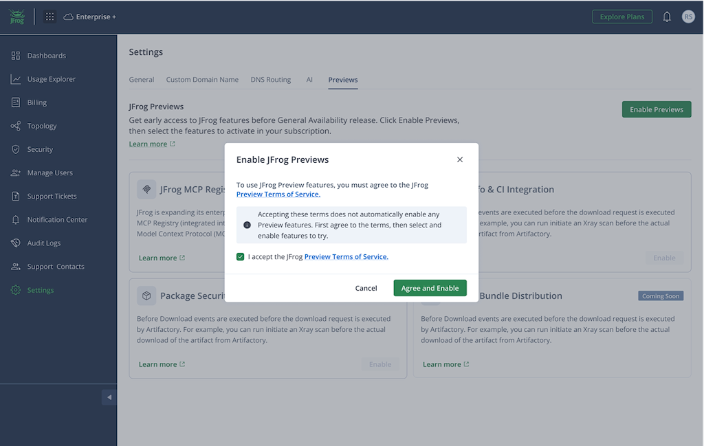 Screenshot showing the Enable JFrog Previews modal for accepting terms of service.