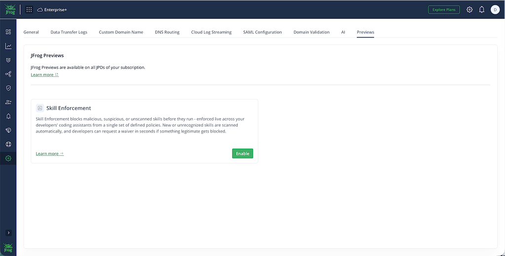 Screenshot of the JFrog Previews settings tab displaying the Skill Enforcement feature toggle option.