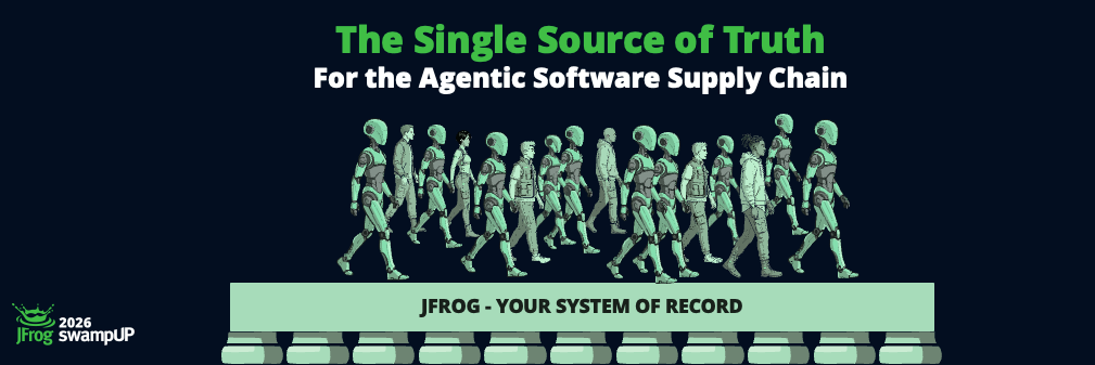 robot agents walking on top of pillars connected on a platform that reads JFrog - your system of record
