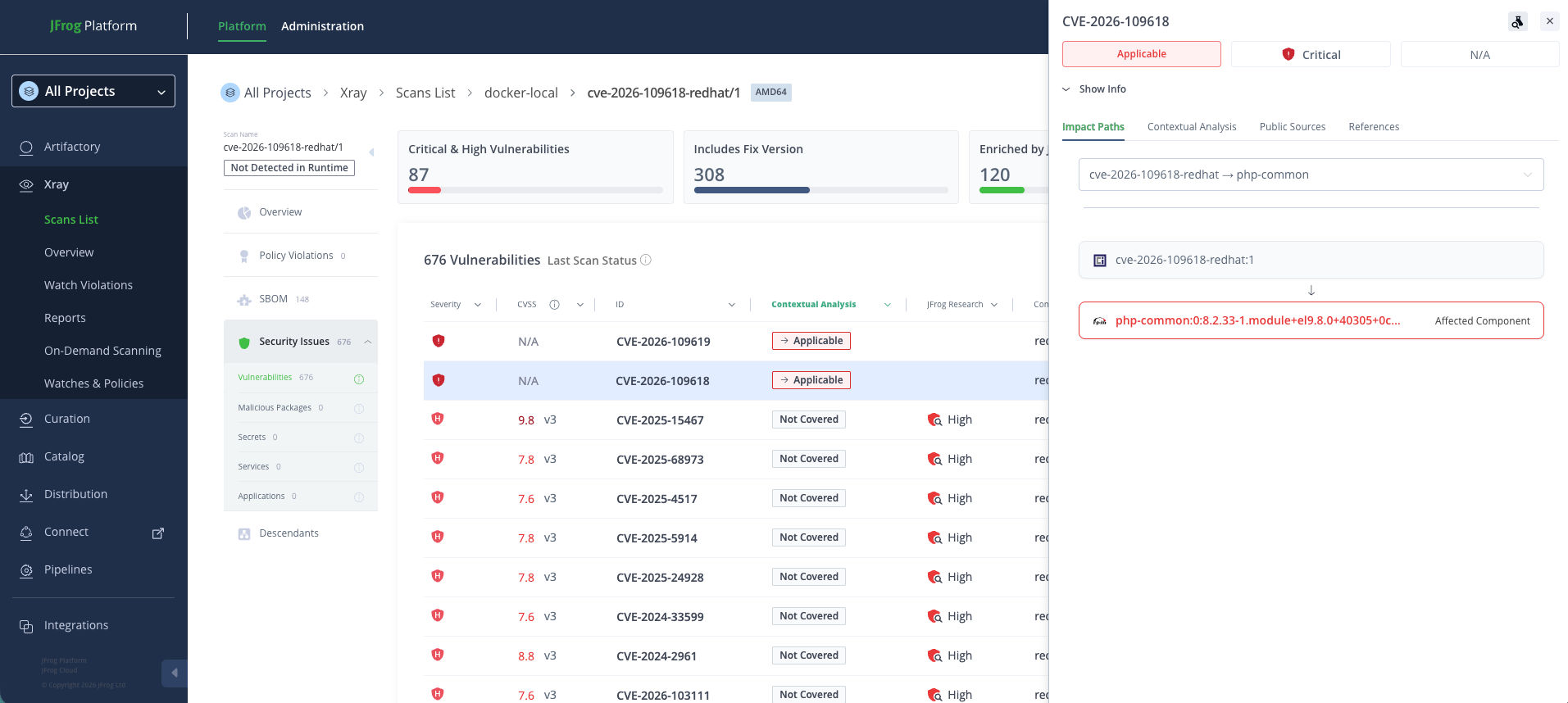 JFrog XrayでのCVE-2026-109618の検出画面