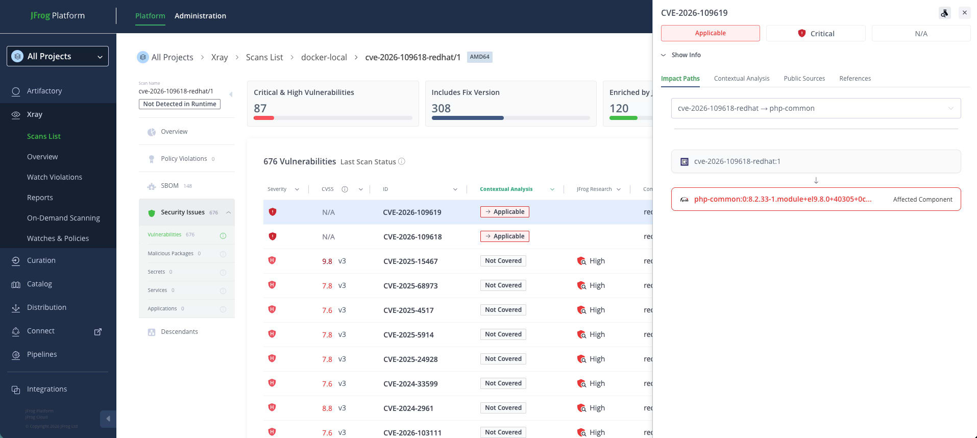JFrog XrayでのCVE-2026-109619の検出画面